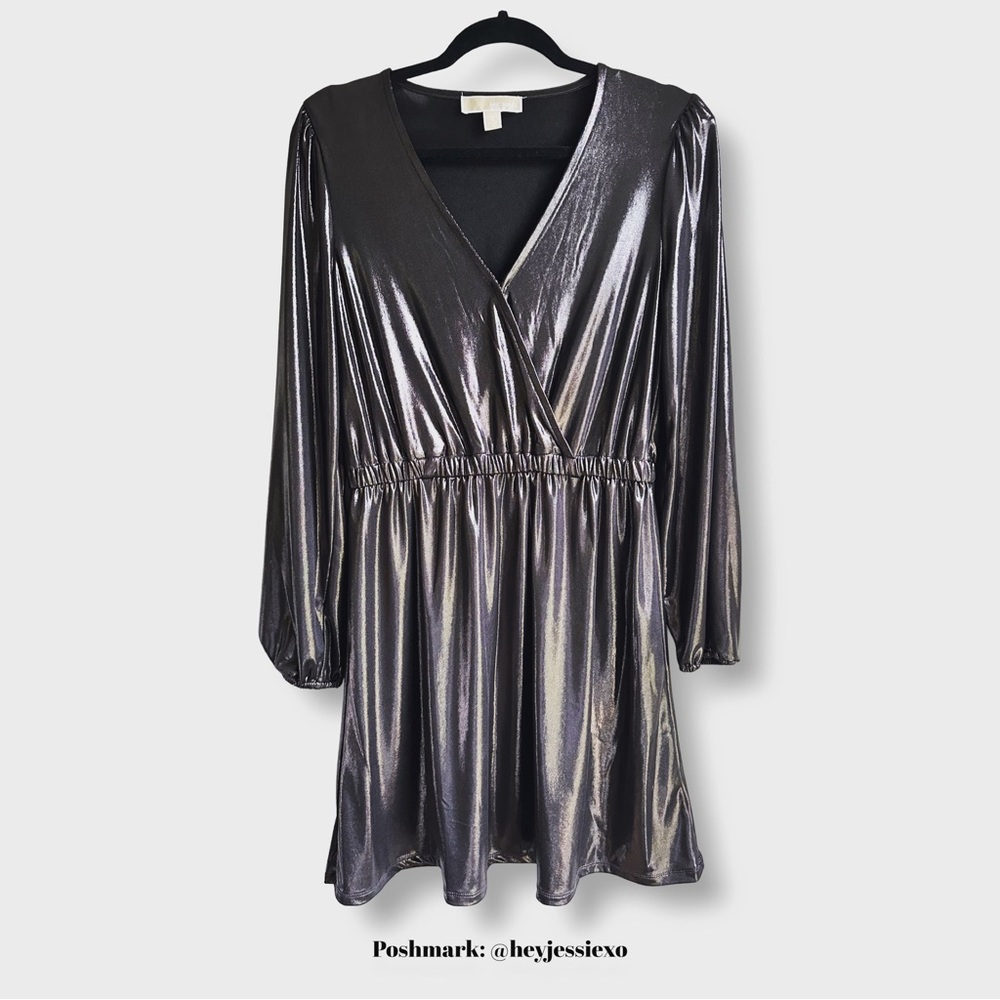 Michael Kors Lamé Crisscross Long Sleeve Dress Black/Gray Gunmetal, Medium